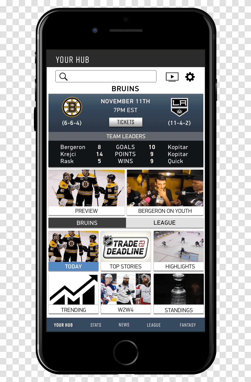 Nhl App My Hub Today Bruins Smartphone, Mobile Phone, Electronics, Person, People Transparent Png