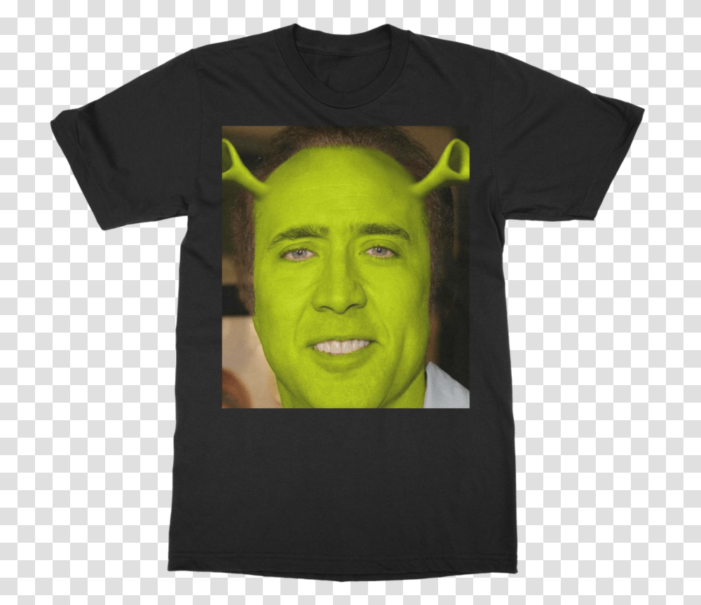 Nicolas Cage As Shrek Classic Adult T Shirt Nicolas Cage, Apparel, T-Shirt, Person Transparent Png