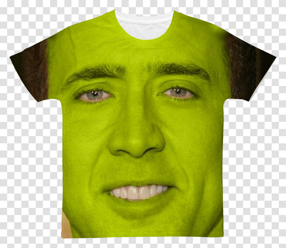 Nicolas Cage As Shrek Classic Sublimation Adult T Shirt, Head, Face, Person, Human Transparent Png