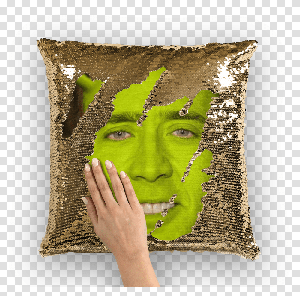 Nicolas Cage As Shrek Sequin Cushion CoverClass Nicolas Cage Shrek Pillow, Person, Human Transparent Png