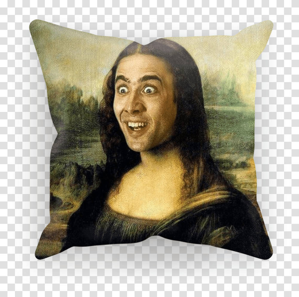 Nicolas Cage As The Mona Lisa Sublimation Cushion Nicolas Cage Mona Lisa, Pillow, Painting, Person Transparent Png