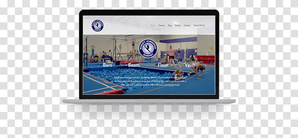 Nicole S Gymnastics Academy Website Mockup On A Laptop Flat Panel Display, Person, Monitor, Screen, Electronics Transparent Png