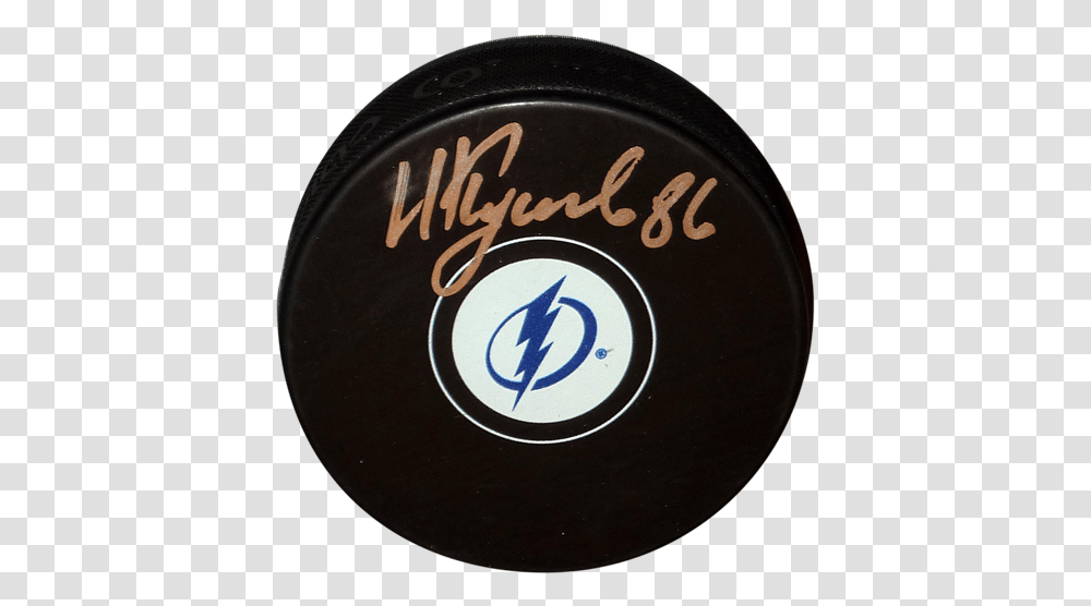 Nikita Kucherov Autographed Tampa Bay Lightning Logo Hockey Puck Tampa Bay Lightning New, Text, Symbol, Milk, Beverage Transparent Png
