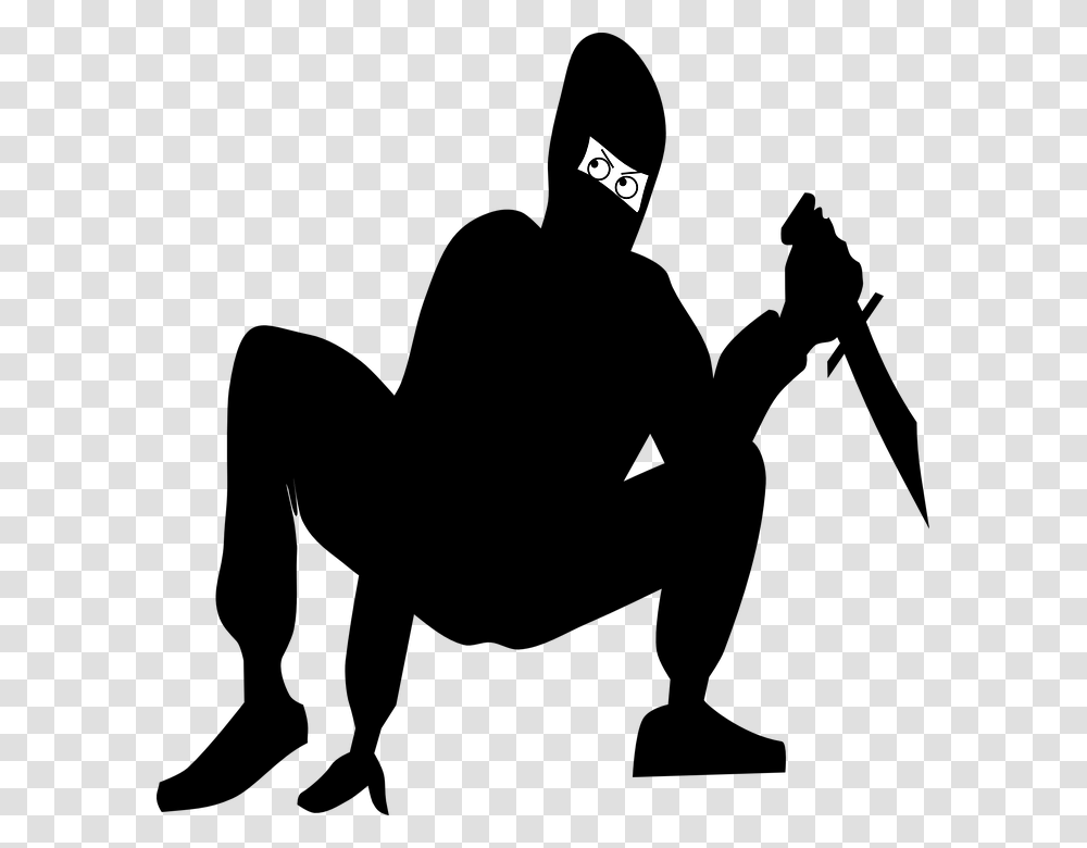Ninjia Mask Knife Squat Crouch Silhouette Danger Clip Art Assassin, Gray, Tie Transparent Png