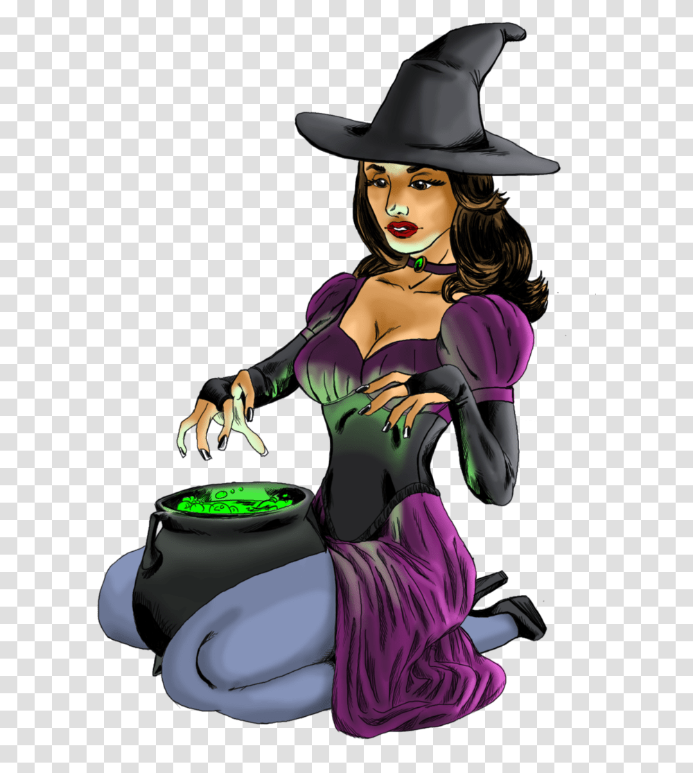 No Broom But Love The Cauldron Sexy Witch With Cauldron, Apparel, Hat, Person Transparent Png