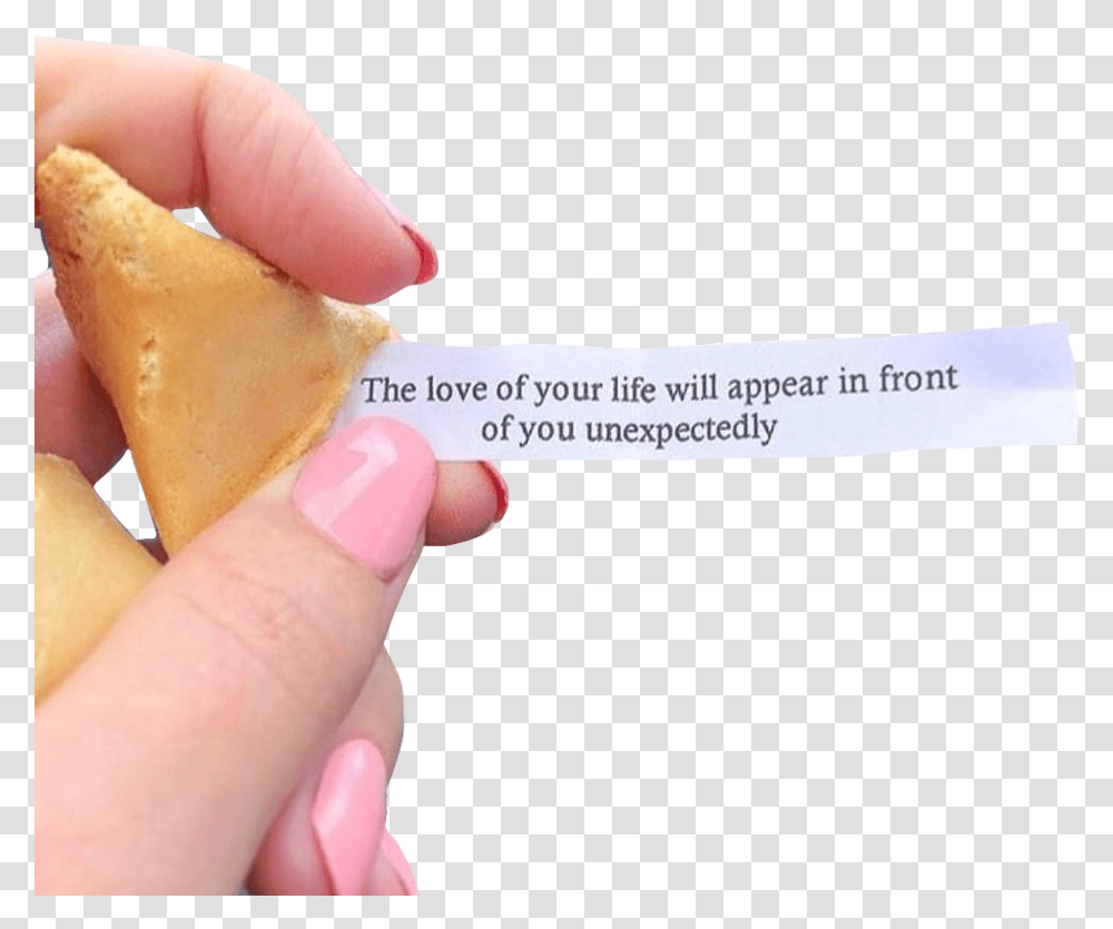 Note Fortune Cookie Love Of Your Life Fortune Cookie, Person, Human, Finger, Food Transparent Png