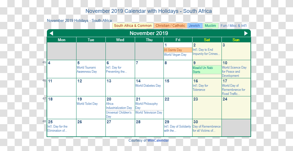 November 2019 Calendar With South Africa Holidays To Catholic Calendar November 2019, Menu Transparent Png
