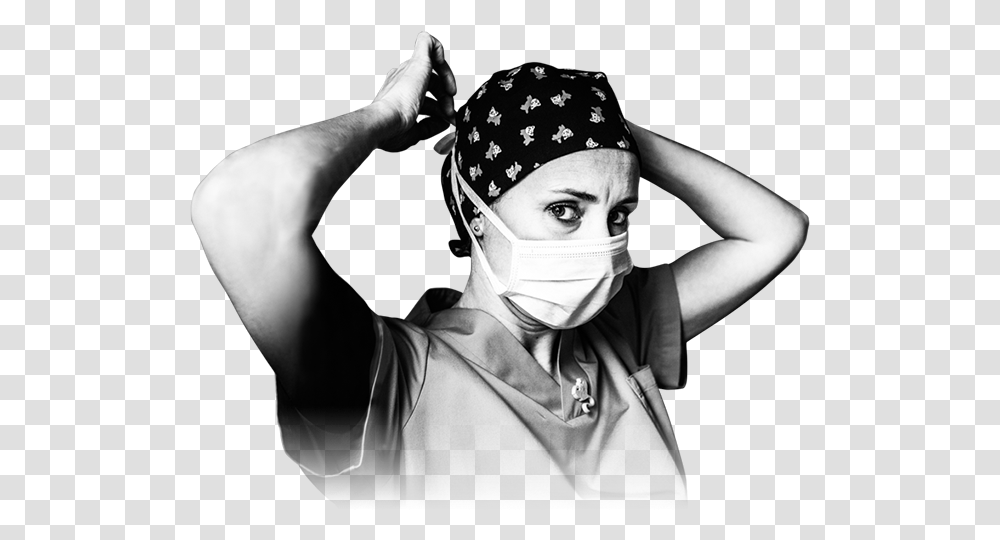 Nurse Tying On Her Surgical Mask With A Serious Look Bandana, Person, Face, Headband Transparent Png