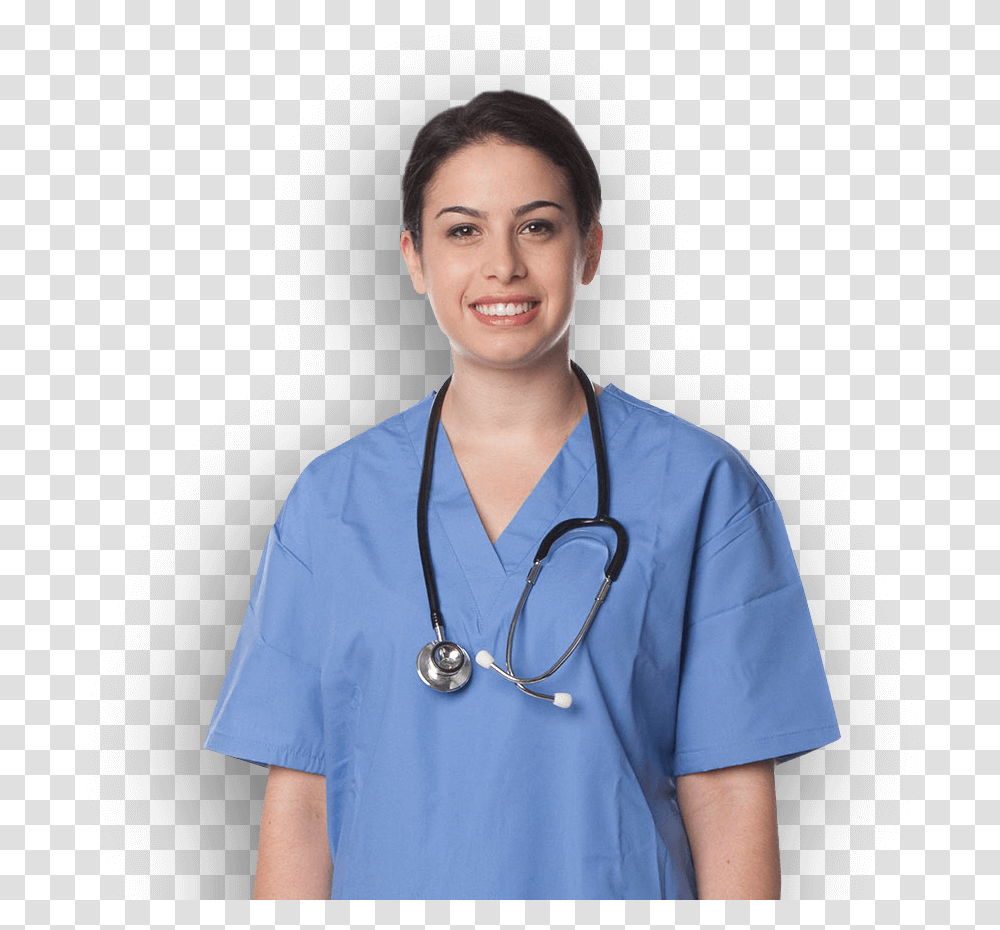 Nursing Student In Scrubs With Stethoscope Nurse Scrubs With Stethoscope, Person, Human, Doctor, Necklace Transparent Png