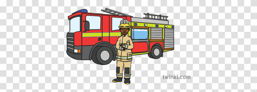 Nz Fire Fighter With Engine Illustration Twinkl Fire Engine Water Tank, Fire Truck, Vehicle, Transportation, Person Transparent Png