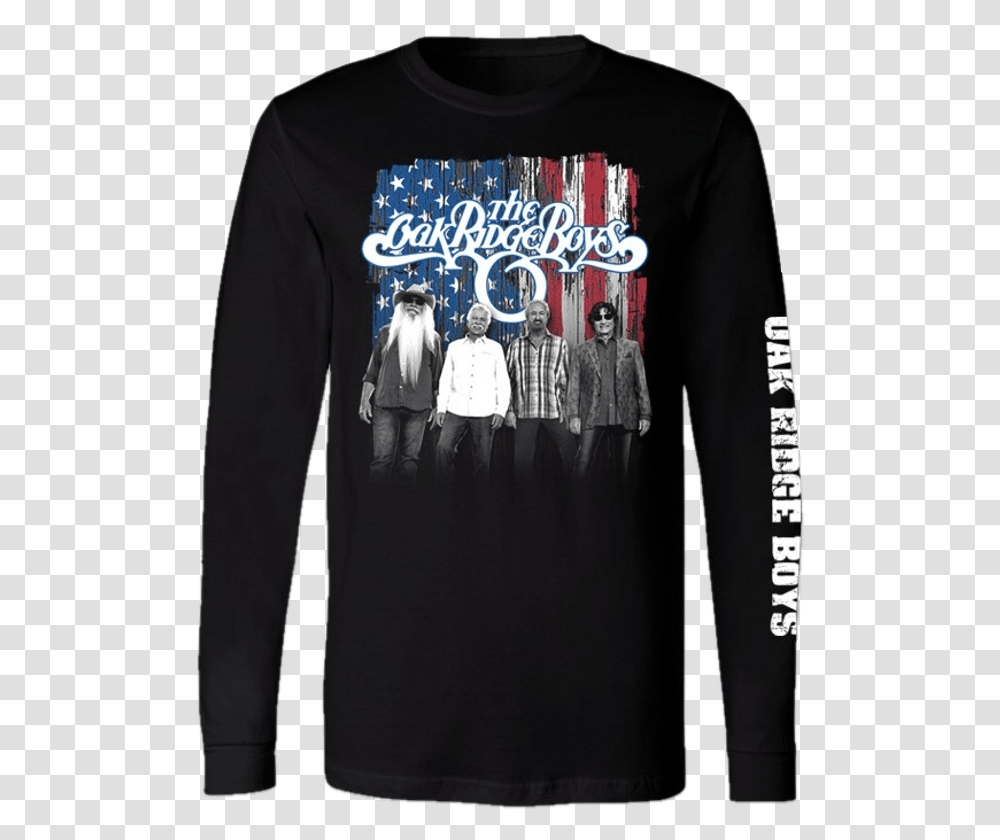 Oak Ridge Long Sleeve Black Tee Red White And Blue Long Sleeved T Shirt, Apparel, Person, Human Transparent Png