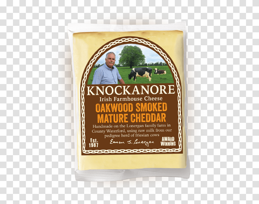 Oakwood Smoked Mature Cheddar Knockanore Irish Farmhouse Cheese, Person, Advertisement, Poster, Cow Transparent Png
