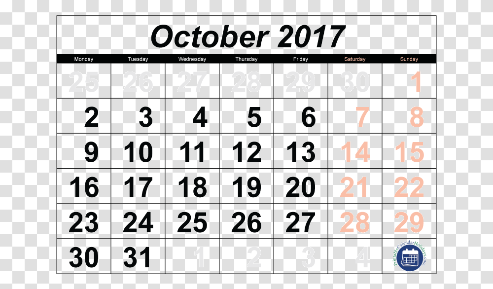 October 2017 Printable Calendar 2011 Calendar, Number, Word Transparent Png