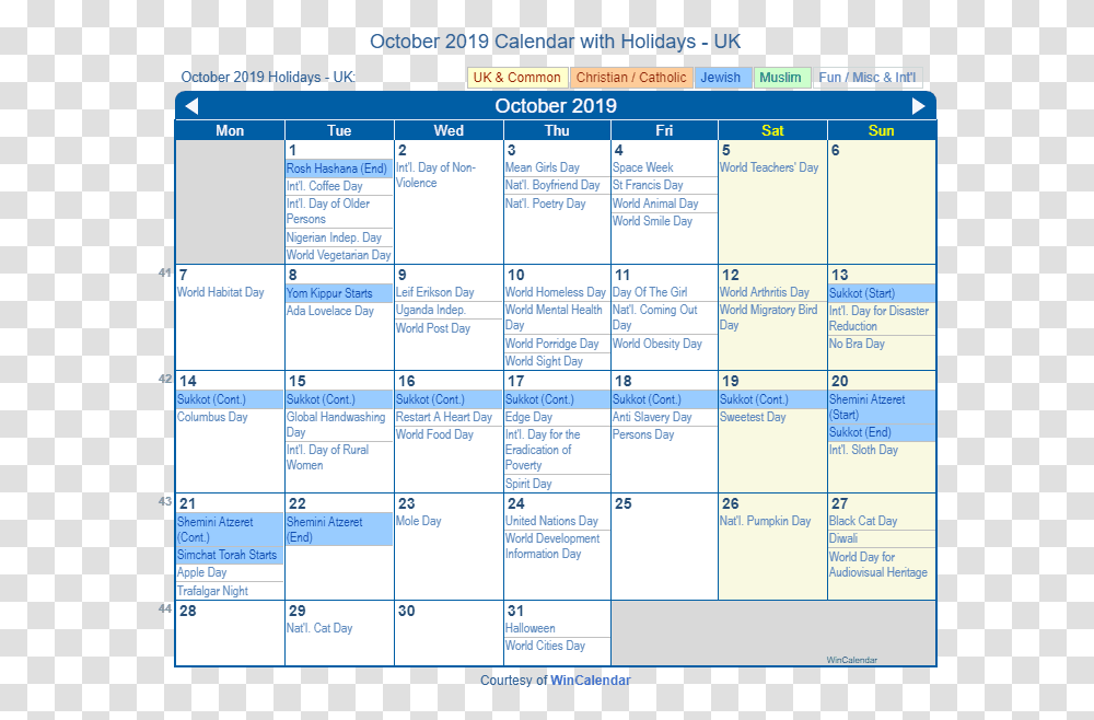 October 2019 Calendar With Uk Holidays To Print Holiday October 2019 Calendar, Menu Transparent Png