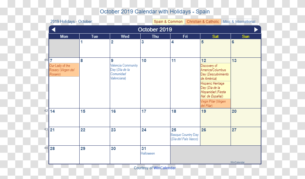 October 2019 Calendarspain Holidays In January 2020 Transparent Png