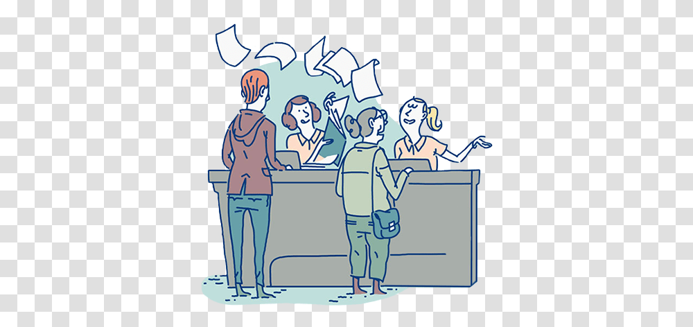 Office Front Desk With Papers Flying Everywhere Illustration, Audience, Crowd, Person, Human Transparent Png
