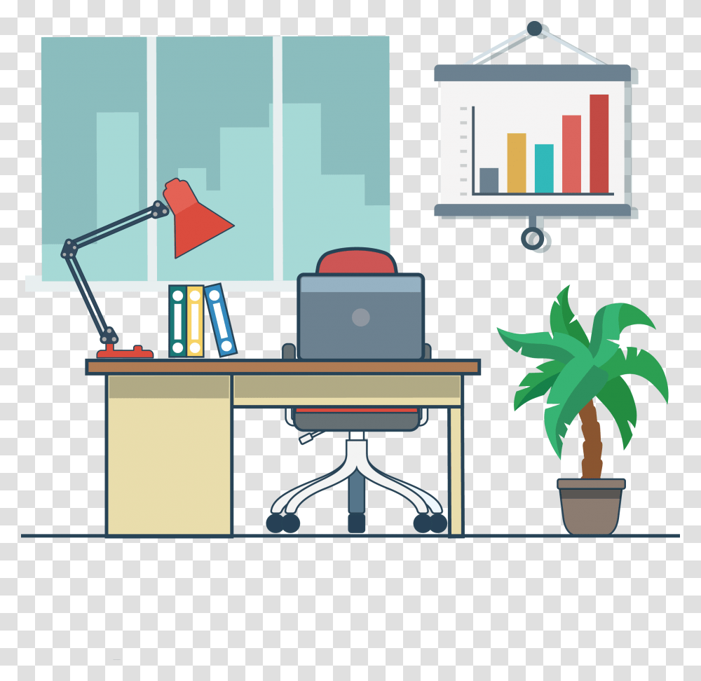 Office Illustration Transprent Clipart Of A Desk Computer, Furniture, Table, Indoors, Chair Transparent Png