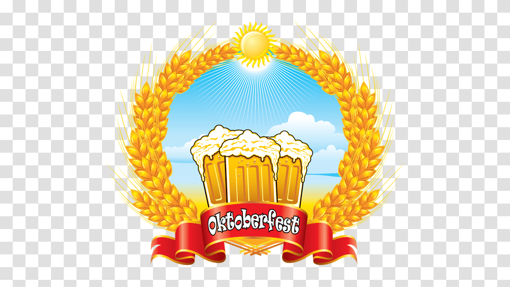 Oktoberfest Red Banner With Beer Mugs And Wheat Clipart, Food, Popcorn, Vegetable, Plant Transparent Png