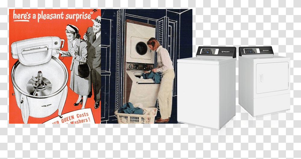 Old Laundry Advertisement And Moderne Use Of Laundry Speed Queen Coin Advert, Person, Human, Appliance, Dryer Transparent Png