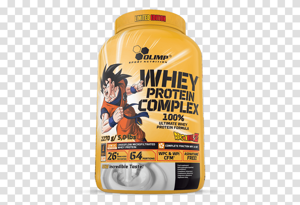 Olimp Whey Protein Complex 2270g Dragon Ball ZTitle Olimp Whey Protein Complex Dragon Ball, Bottle, Person, Human, Flyer Transparent Png