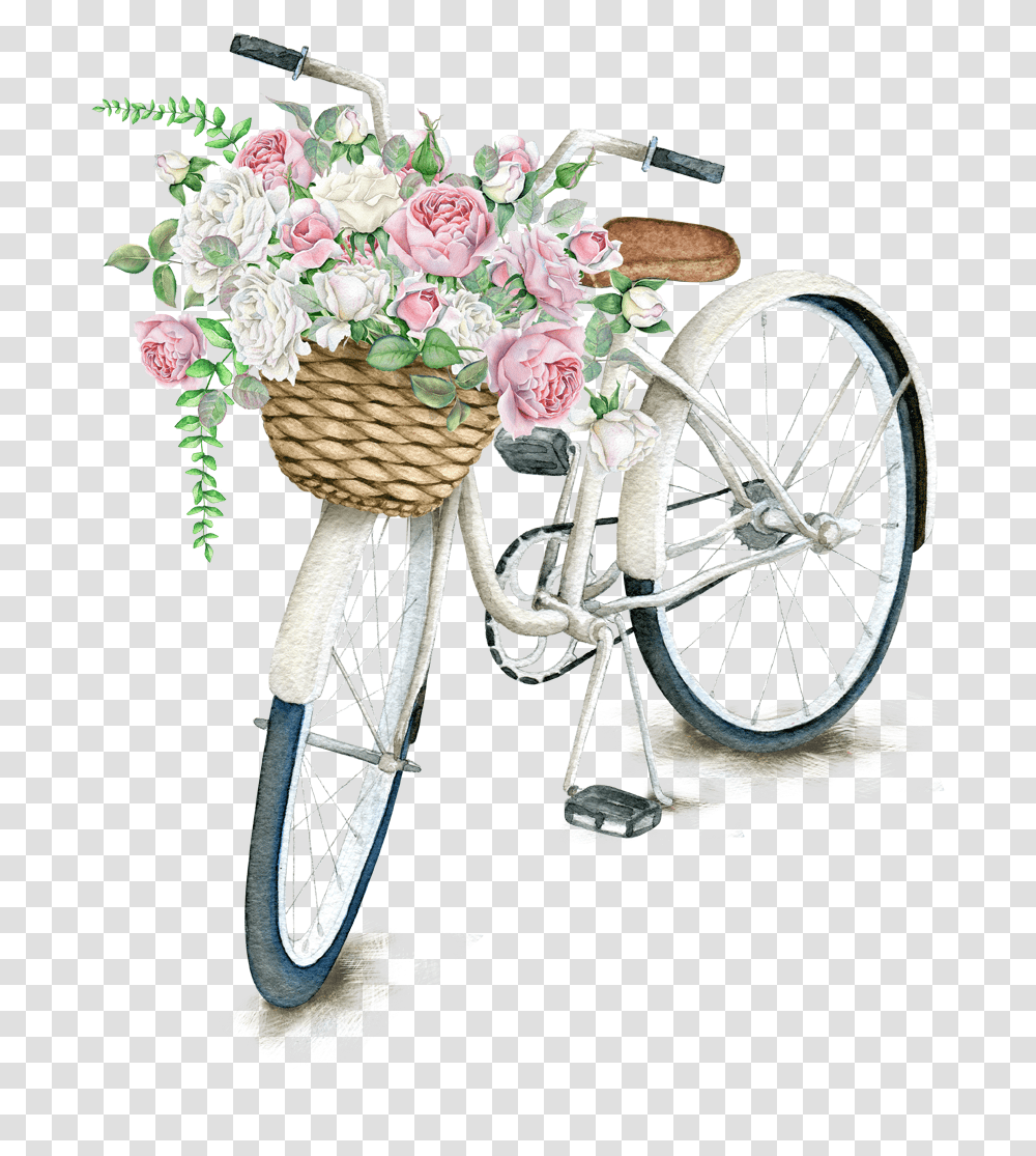 On Bicycle Light Napkin Daily Pillow T Shirt Bicycle With Flower Basket Drawing, Wheel, Machine, Plant, Blossom Transparent Png