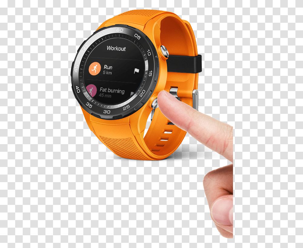 One Press To Start One Press To Start Huawei Watch 2 Dynamic Orange, Wristwatch, Person, Human, Digital Watch Transparent Png