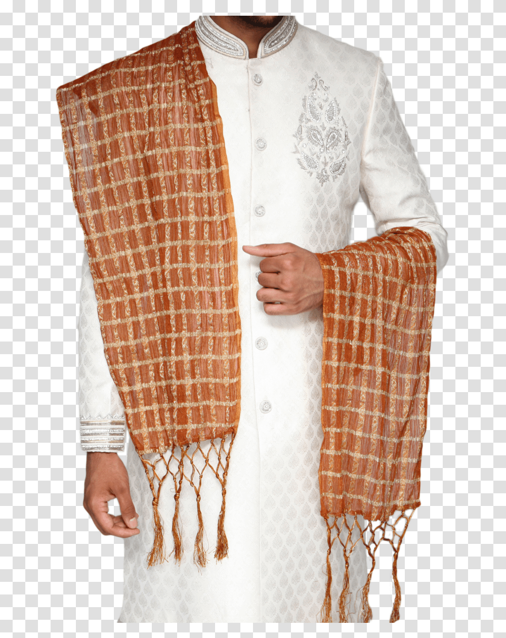 Orange And Gold Check Pattern Sherwani Scarf Stole, Clothing, Sleeve, Long Sleeve, Person Transparent Png