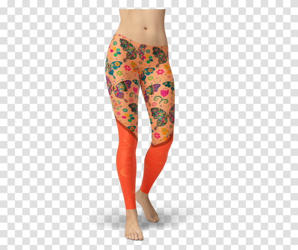 Orange Butterfly Leggings Sports Clothing Gym And Fitness Leggings, Pants, Apparel, Tights, Person Transparent Png