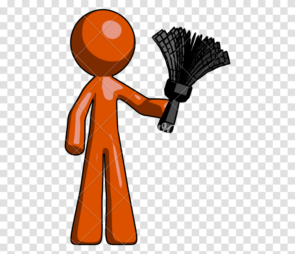 Orange Design Mascot Man Holding Feather Duster, Apparel, Face, Rake Transparent Png