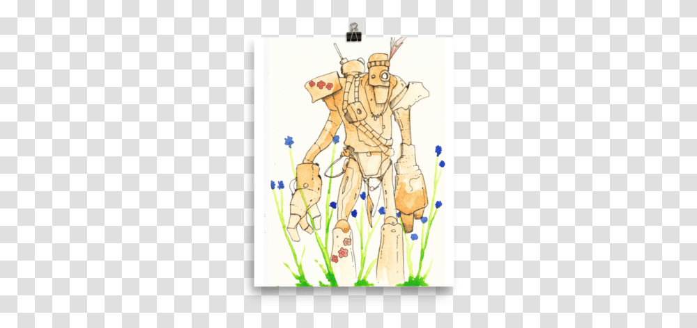 Orange Space Hippie Robot With Blue Flowers Poster Mare, Leisure Activities, Drawing, Plant Transparent Png