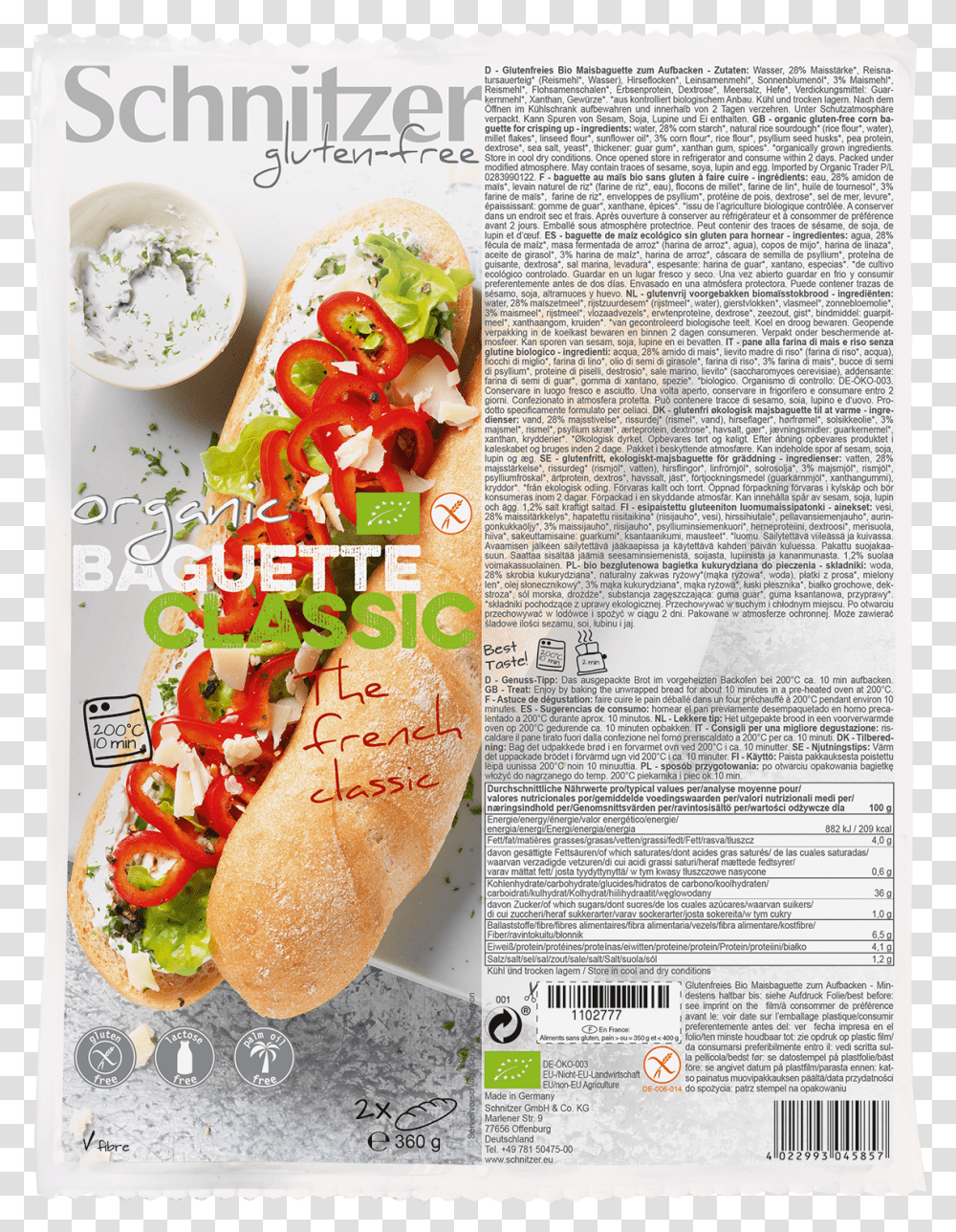Organic Baguette Classic Schnitzer Gluten Free, Hot Dog, Food, Flyer, Poster Transparent Png