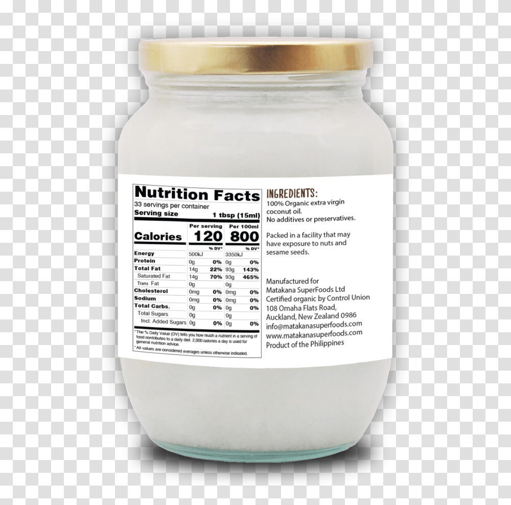 Organic Extra Virgin Coconut Oil 500ml Glass Bottle, Jar, Menu, Text, Plant Transparent Png