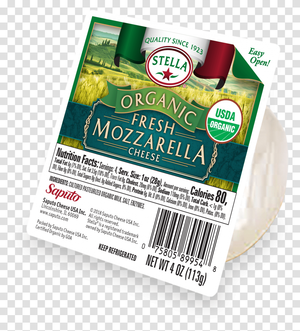 Organic Fresh Mozzarella Cheese Stella Organic Fresh Mozzarella, Label, Flyer, Poster Transparent Png