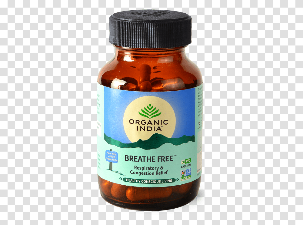 Organic India Breathe Free Capsules, Bottle, Cosmetics, Beer, Alcohol Transparent Png