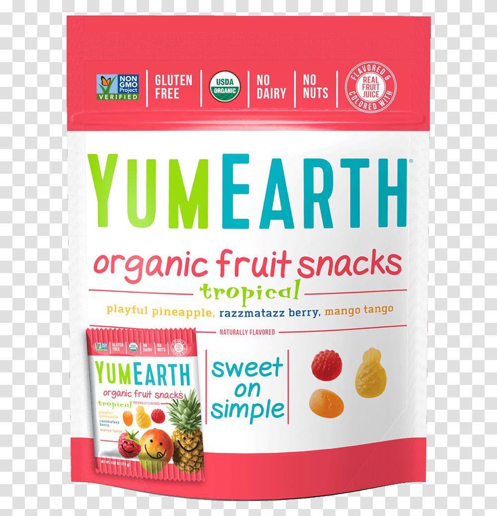 Organic Tropical Fruit Snacks Yumearth Organic Pops Strawberry, Food, Pineapple, Plant, Label Transparent Png