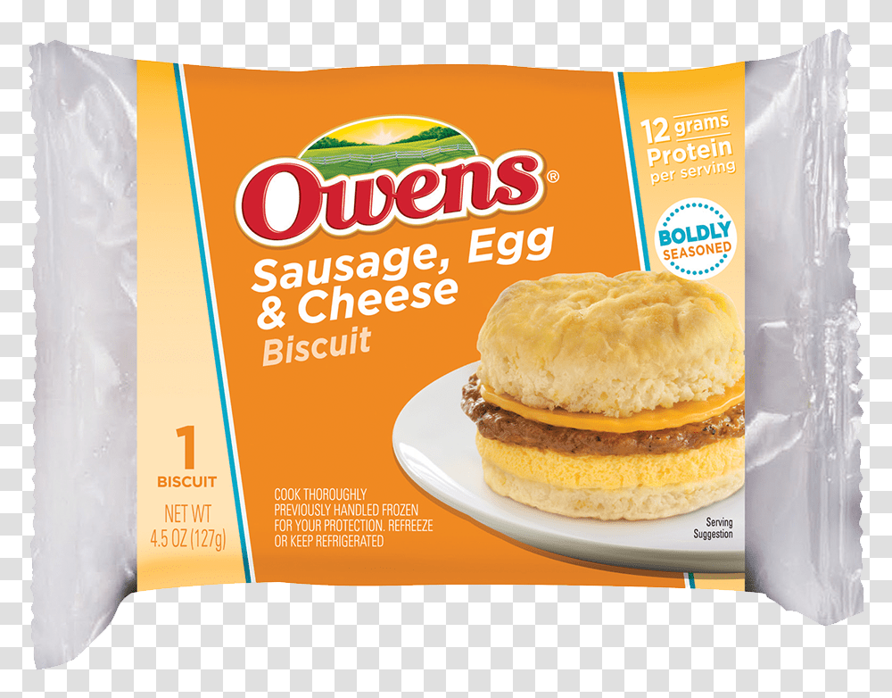 Owens Biscuit Breakfast Sandwich Sausage Egg Cheese Owens Breakfast Burritos, Burger, Food, Plant, Flyer Transparent Png