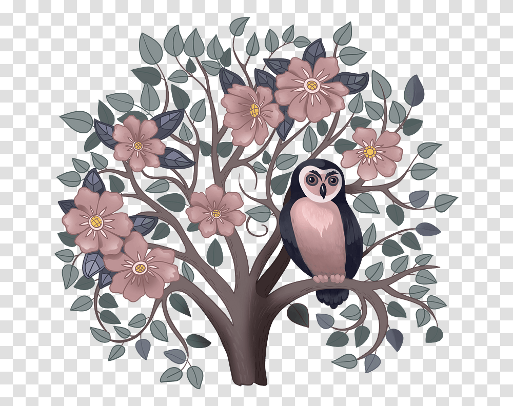 Owl On A Flowering Tree Clipart Illustration, Pattern, Floral Design, Fractal Transparent Png