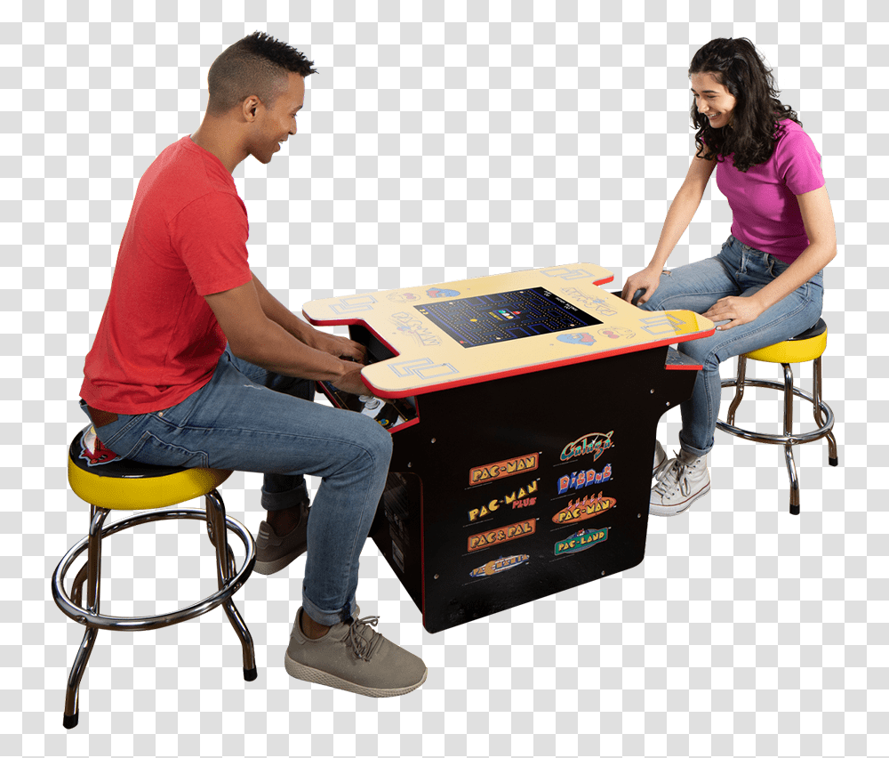 Pac Man Head To Head Arcade TableClass Lazyload Coffee Table, Person, Sitting, Furniture Transparent Png