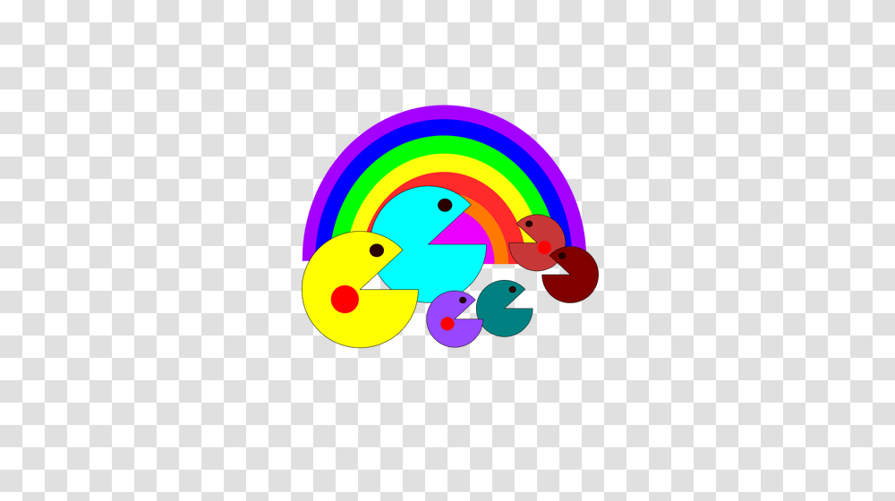 Pacman Family In Front Of A Rainbow Vector Clip Art Public, Logo, Trademark Transparent Png