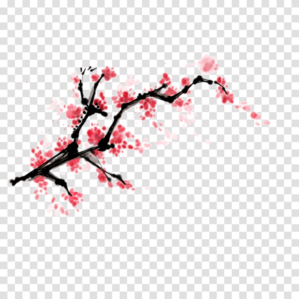 Painted Ink Peach Blossom Branch Element Design Free, Plant, Flower, Cherry Blossom Transparent Png