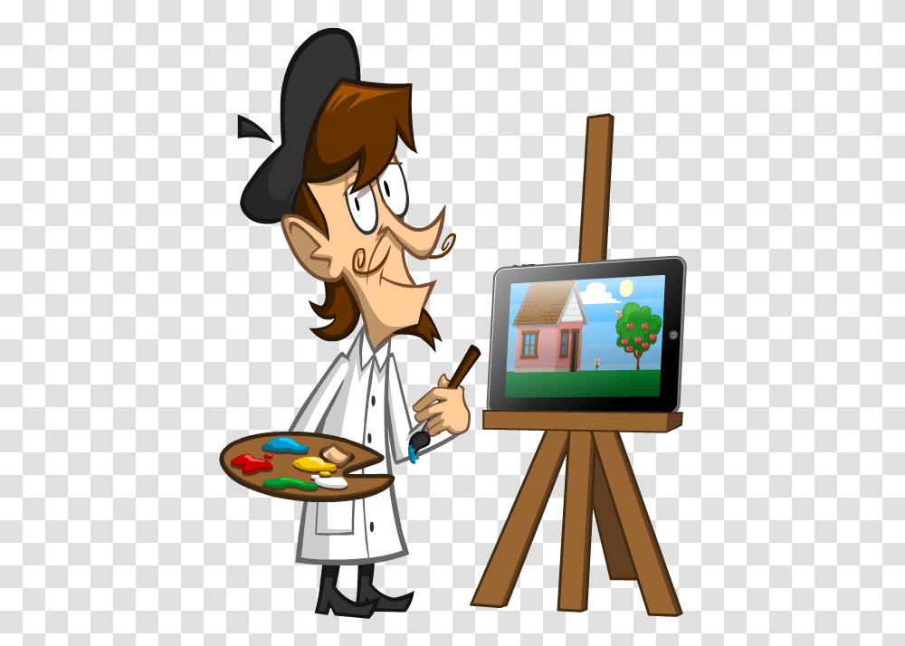 Painter Cartoon Background, Person, Tablet Computer, Electronics, Performer Transparent Png