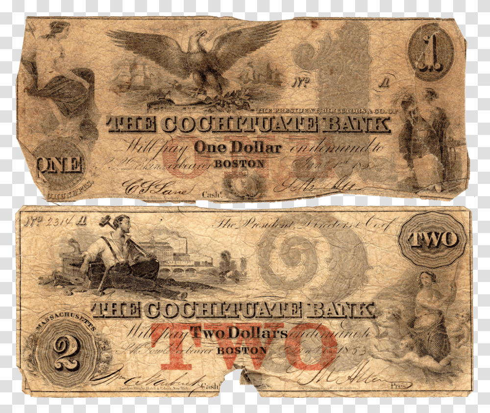 Pair Of 1850s 1 Amp 2 Cochituate Bank Of Boston Ma Banknote, Money, Dollar, Passport, Id Cards Transparent Png