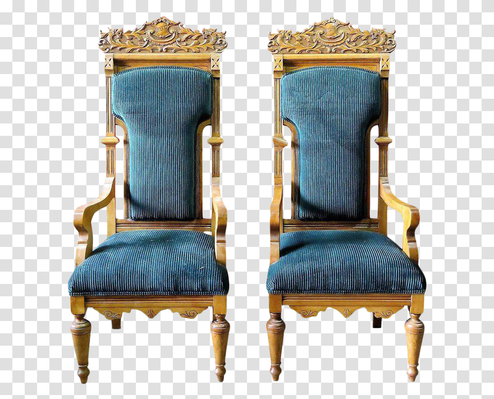 Pair Of Palatial Ceruled Oak Throne Chairs Chair, Furniture, Armchair, Crib Transparent Png