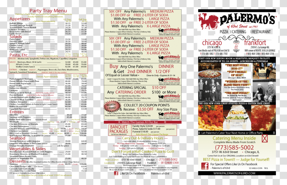 Palermos Of 63rd Chicago Pizza And Italian Restaurant Palermos Pizza Menu, Flyer, Poster, Paper, Advertisement Transparent Png