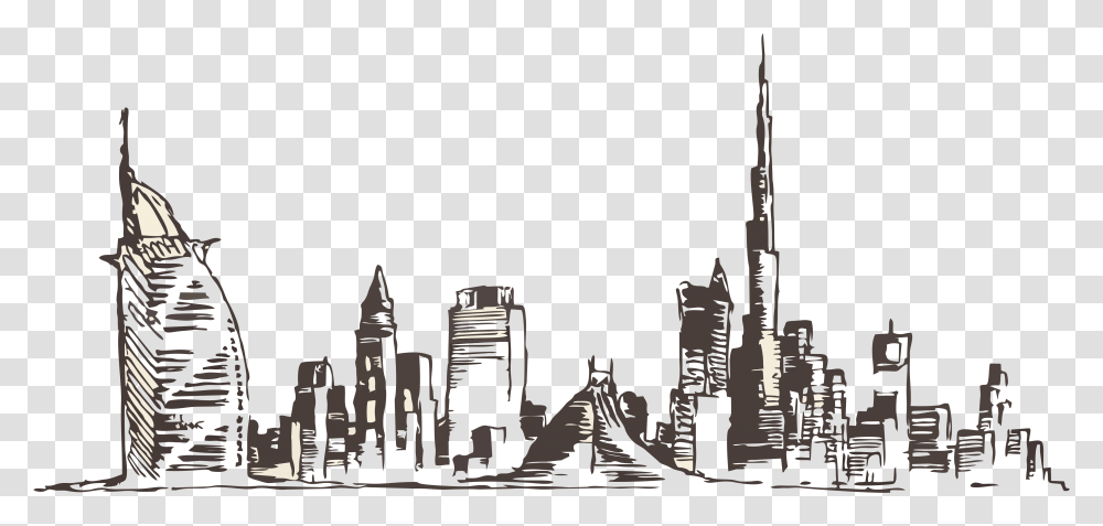 Panorama Drawing City Dubai Dubai, Metropolis, Urban, Building, Spire Transparent Png
