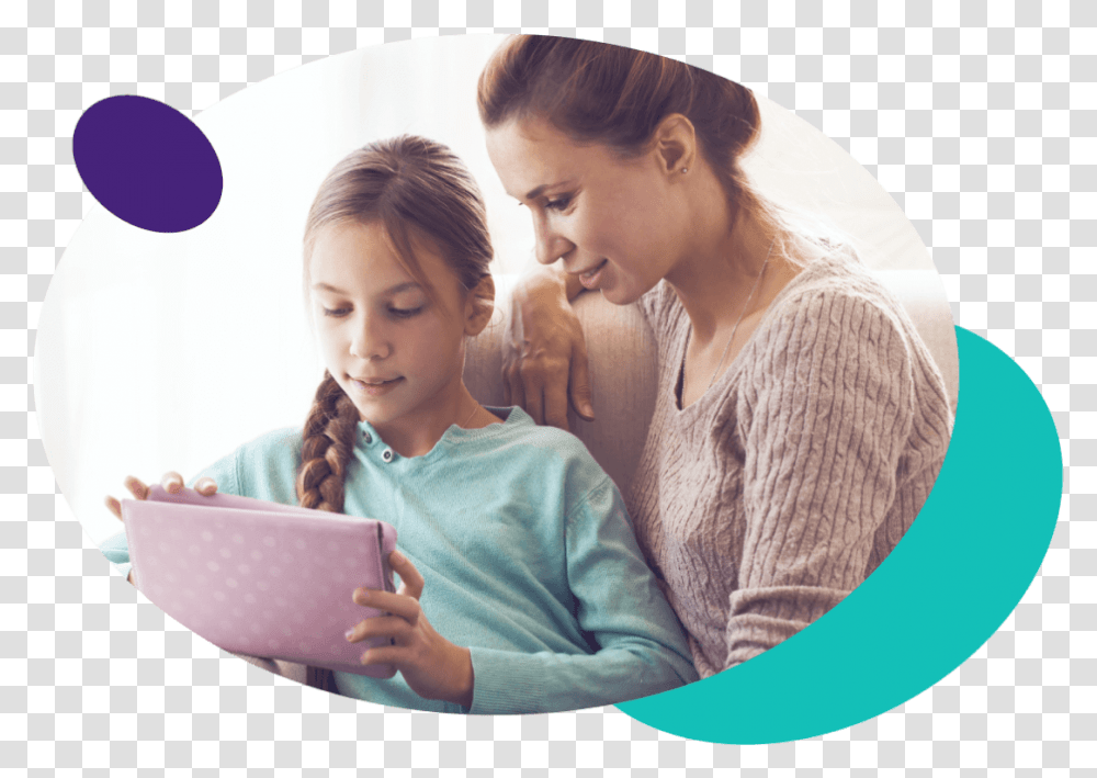 Parent And Kid Using Tablet Together Mother, Female, Person, Blonde, Woman Transparent Png