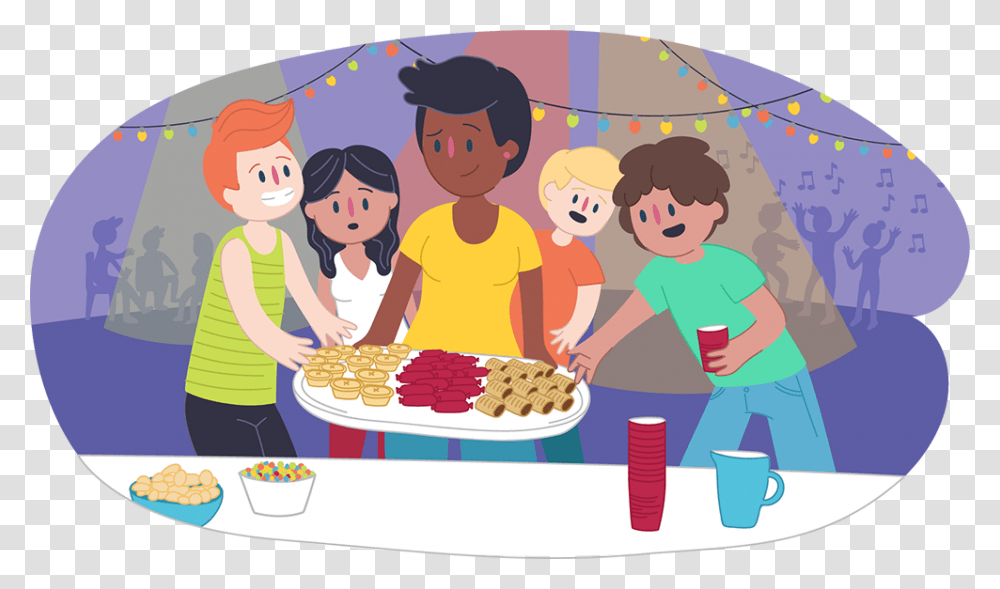 Parent Putting Food Down For Teens At A Party Hosting A Party Cartoon, Person, People, Family, Birthday Cake Transparent Png
