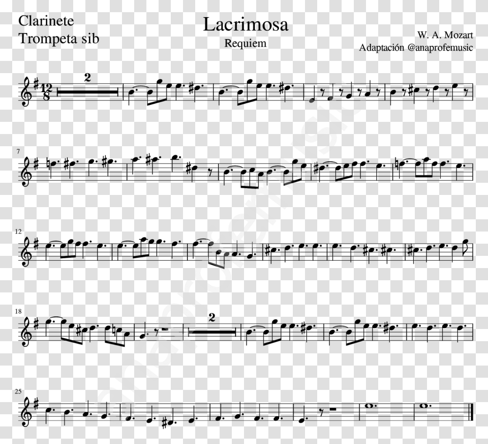 Partitura Lacrimosa Requiem Mozart Trompeta Clarinete Donkey Kong Island Swing Sheet Music, Silhouette, Alphabet Transparent Png