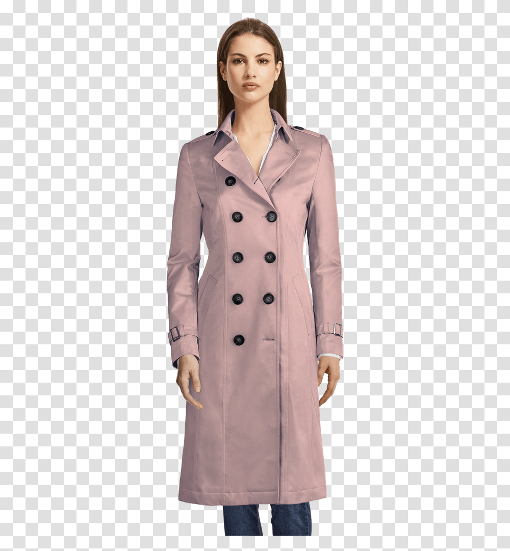 Pastel Pink Long Single Breasted Trench Coat Trench Femme, Apparel, Overcoat, Person Transparent Png