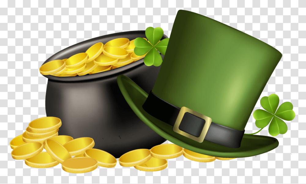 Patricks Day Pot Of Gold Four Leaf Four Leaf Clover And Pot Of Gold, Clothing, Apparel, Hat, Sombrero Transparent Png